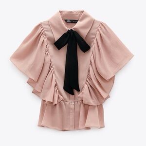 Zara Blush Ruffled Blouse with Black Bow